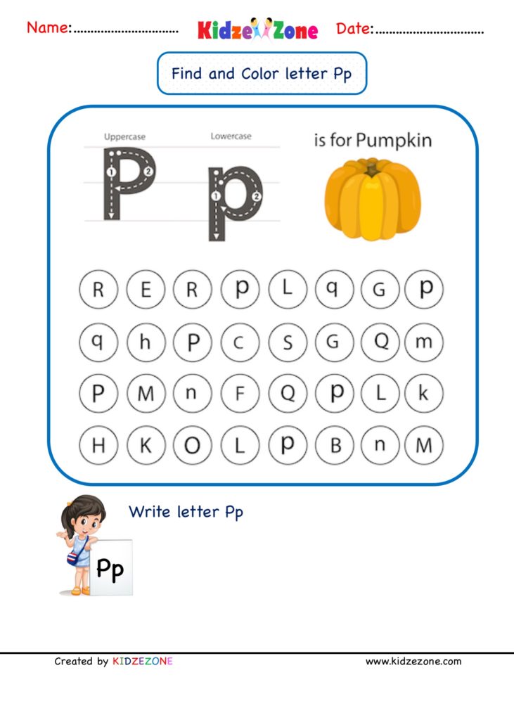 Kindergarten Letter P Find and Color worksheet