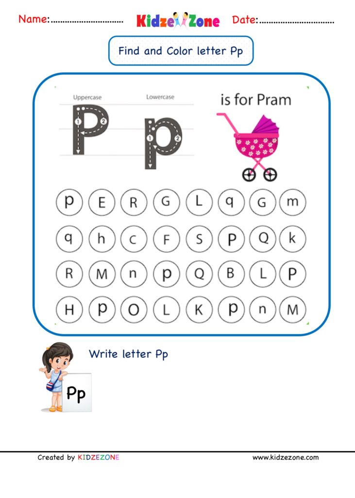 Kindergarten Letter P Find and Color worksheet