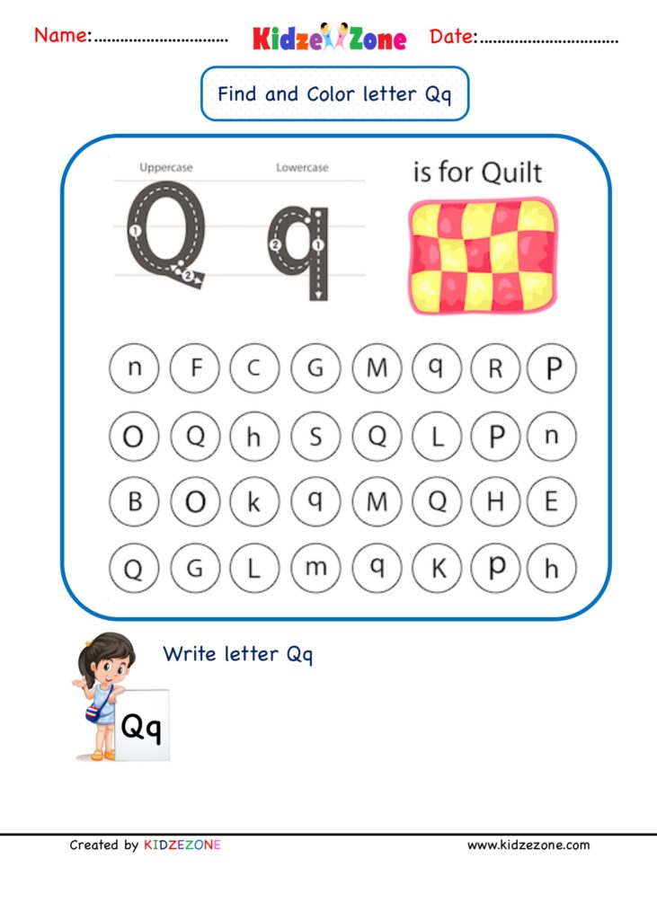 Kindergarten Letter Q Find and Color worksheet