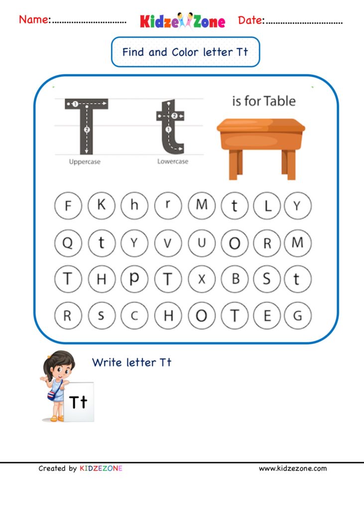 Kindergarten Letter T Find and Color worksheet
