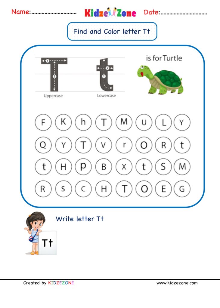 Kindergarten Letter T worksheets – Find and Color