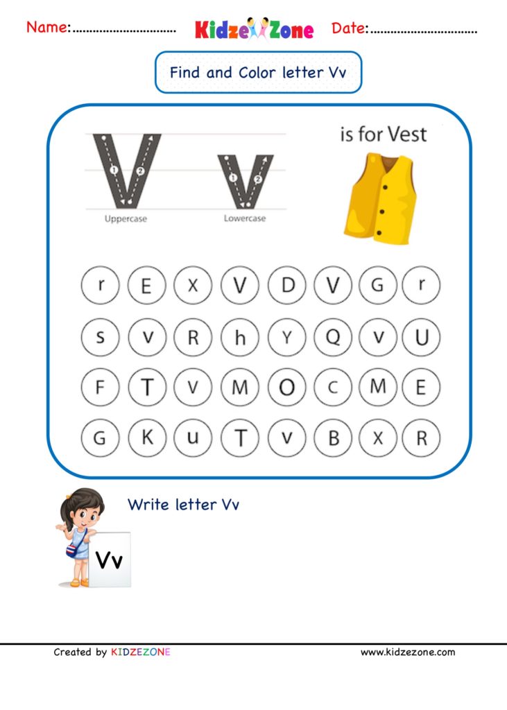 Kindergarten Letter V Find and Color worksheet