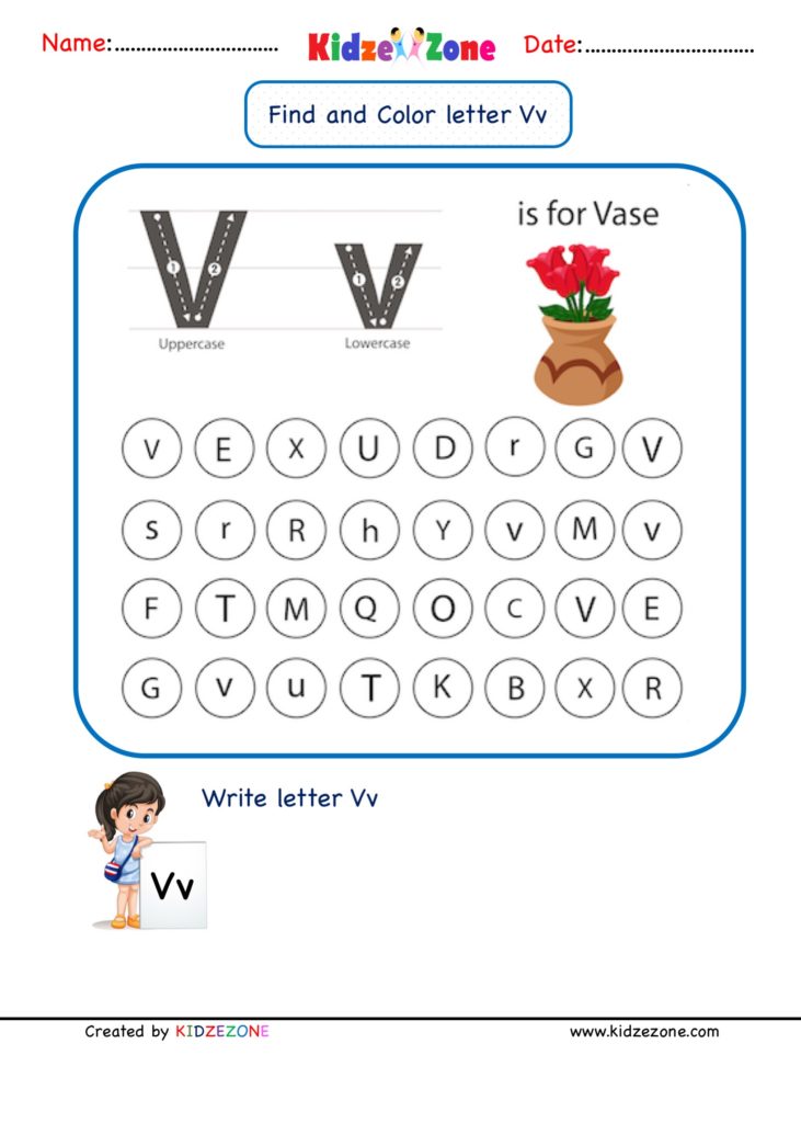 Kindergarten Letter V  Find and Color worksheet