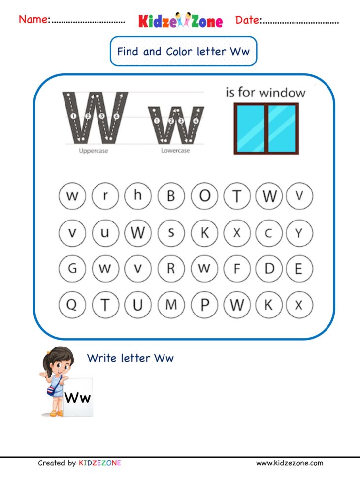 Kindergarten Letter W Find and Color worksheet