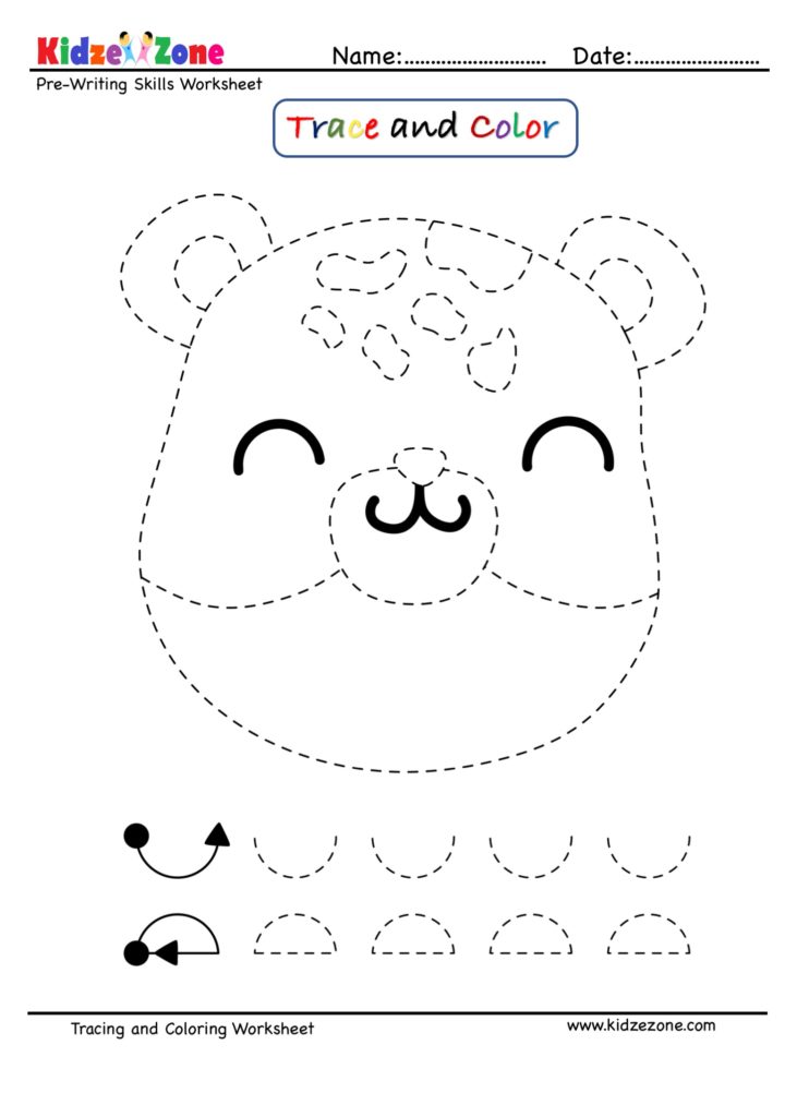 PreWriting Trace and Color Worksheet Bear Cartoon KidzeZone