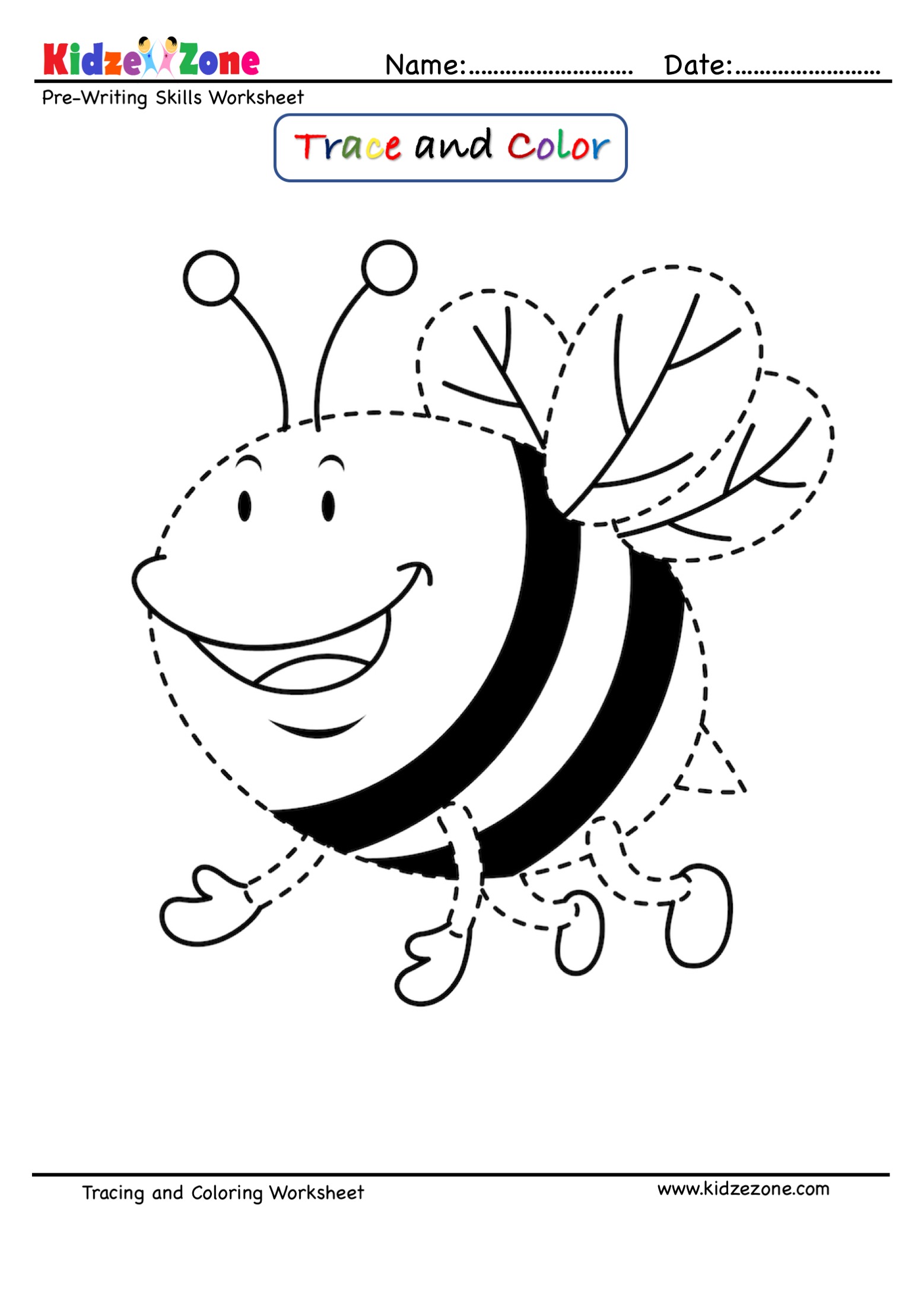 Honey Bee Cartoon Trace and Color Worksheet - KidzeZone