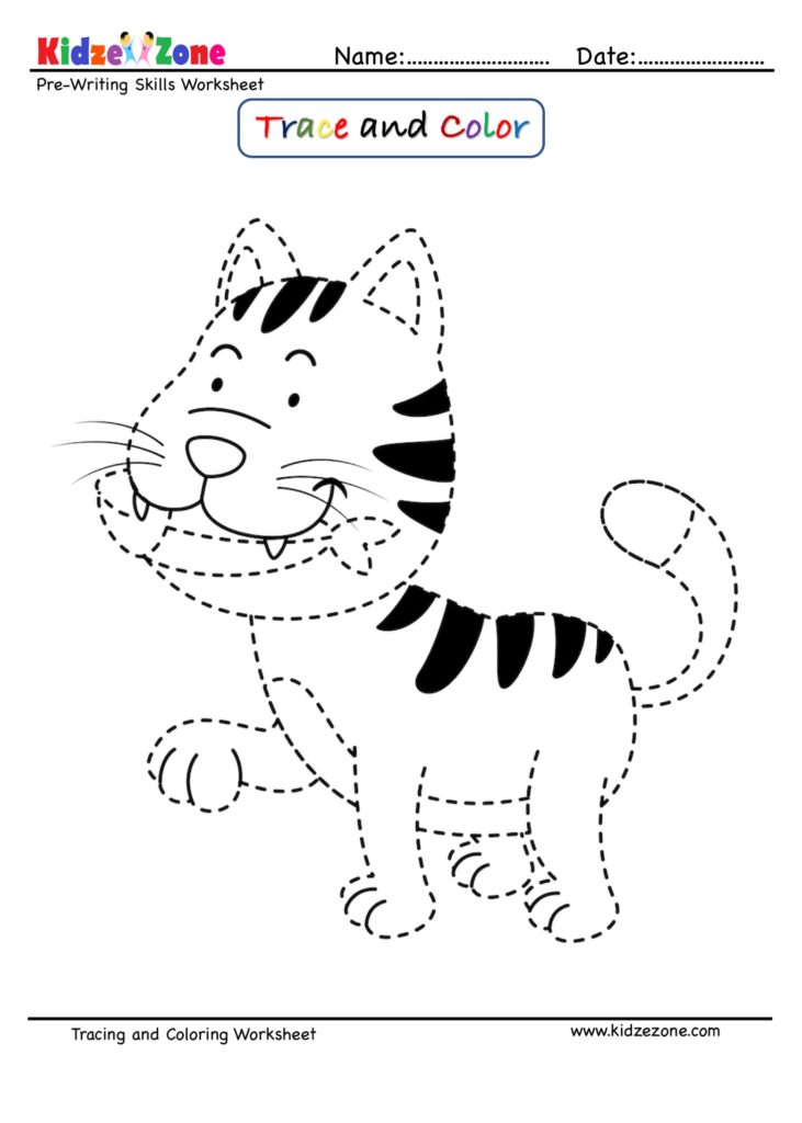 pre writing trace and color worksheet cat cartoon kidzezone