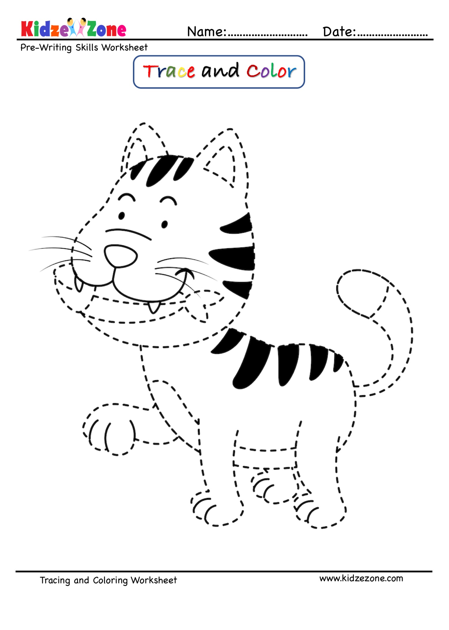 Cat Cartoon Trace and Color Worksheet - KidzeZone