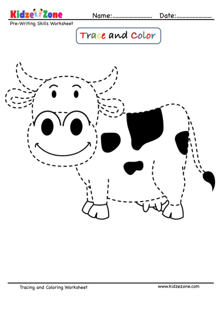 Letter C trace and color Cow worksheet
