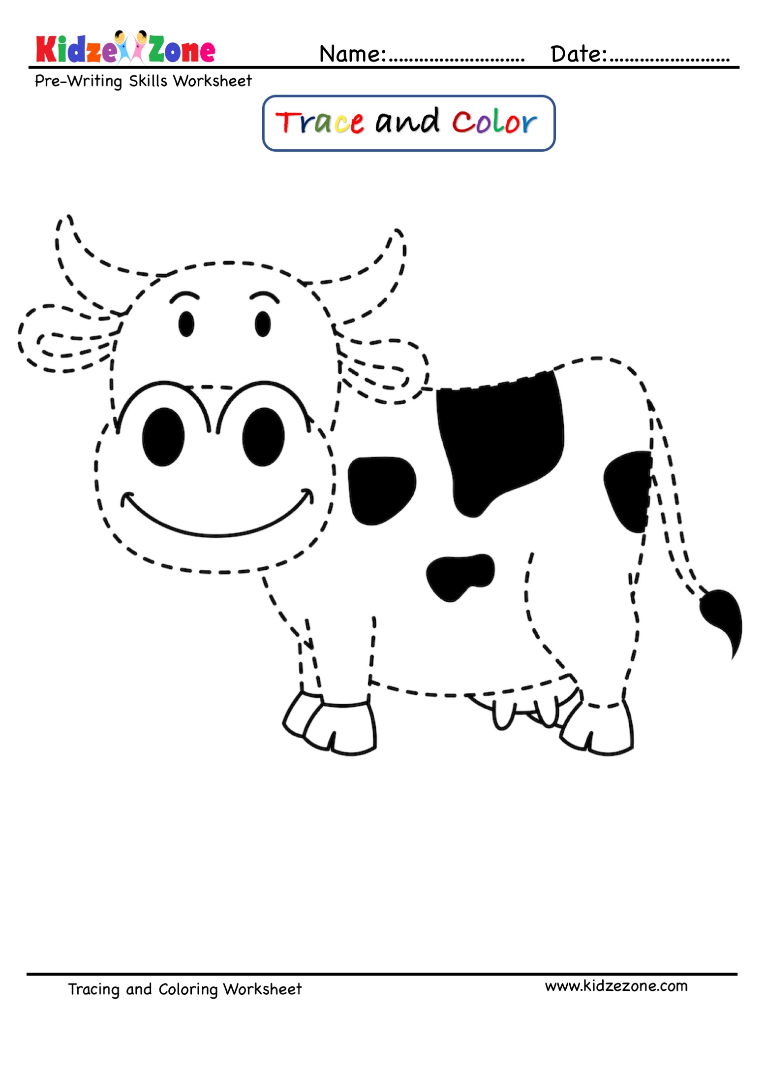 Cow Cartoon Trace and Color Worksheet - KidzeZone