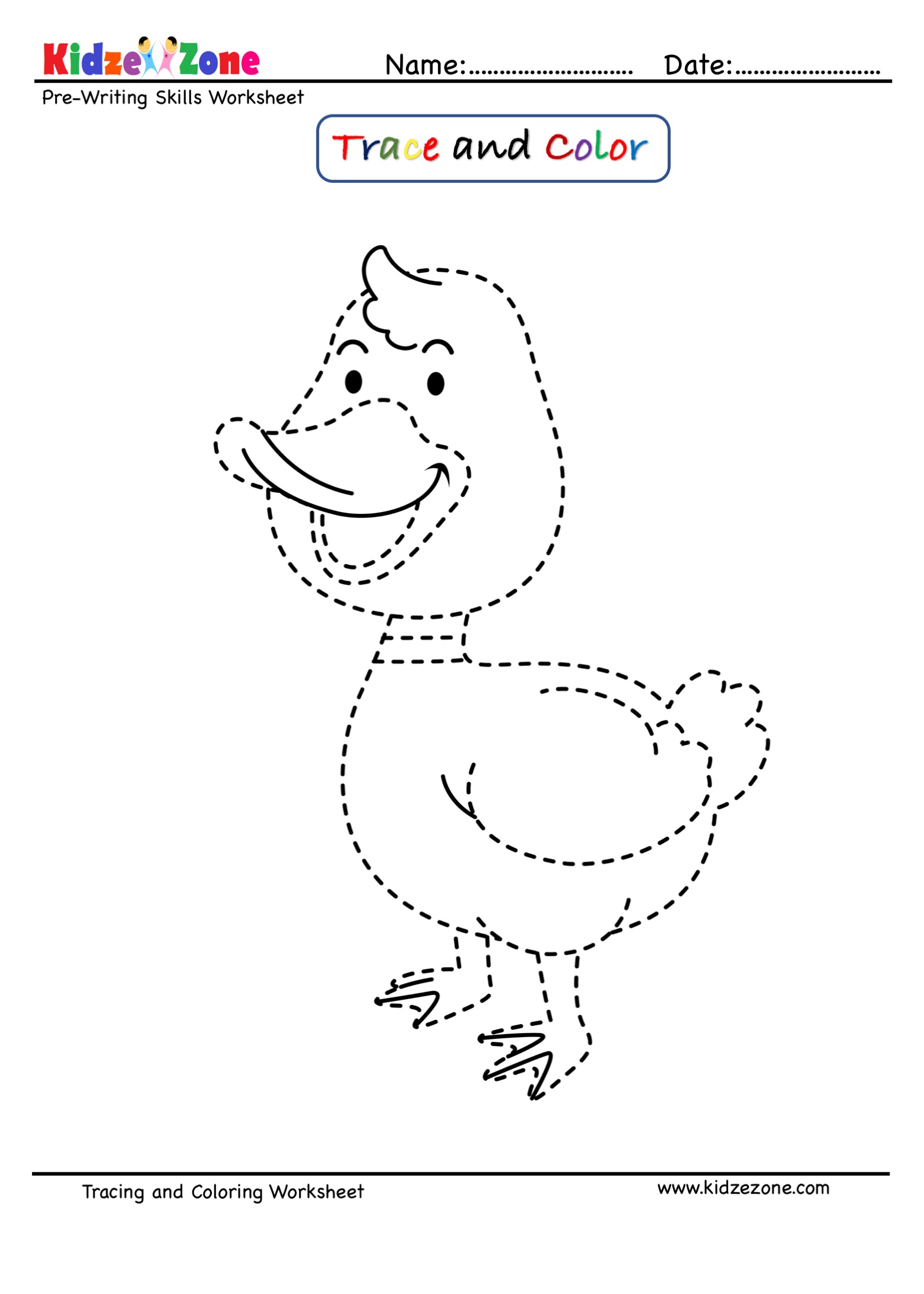 pre writing trace and color worksheet duck cartoon kidzezone