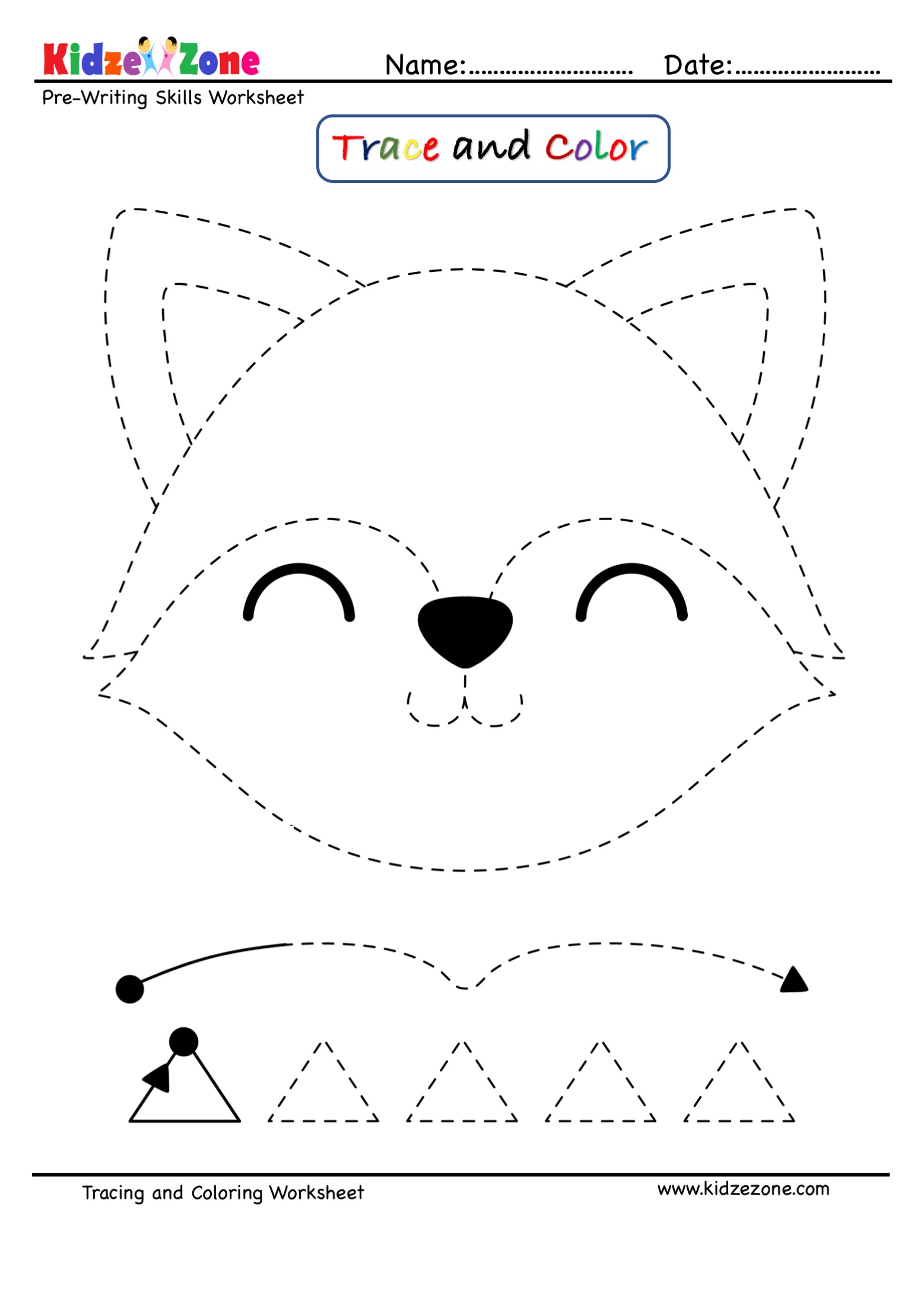 Letter F trace and color Fox Face worksheet