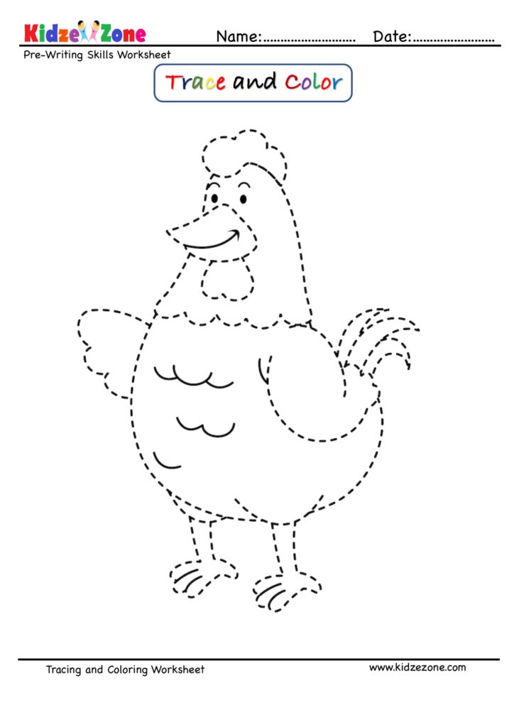 pre writing trace and color worksheet hen cartoon kidzezone