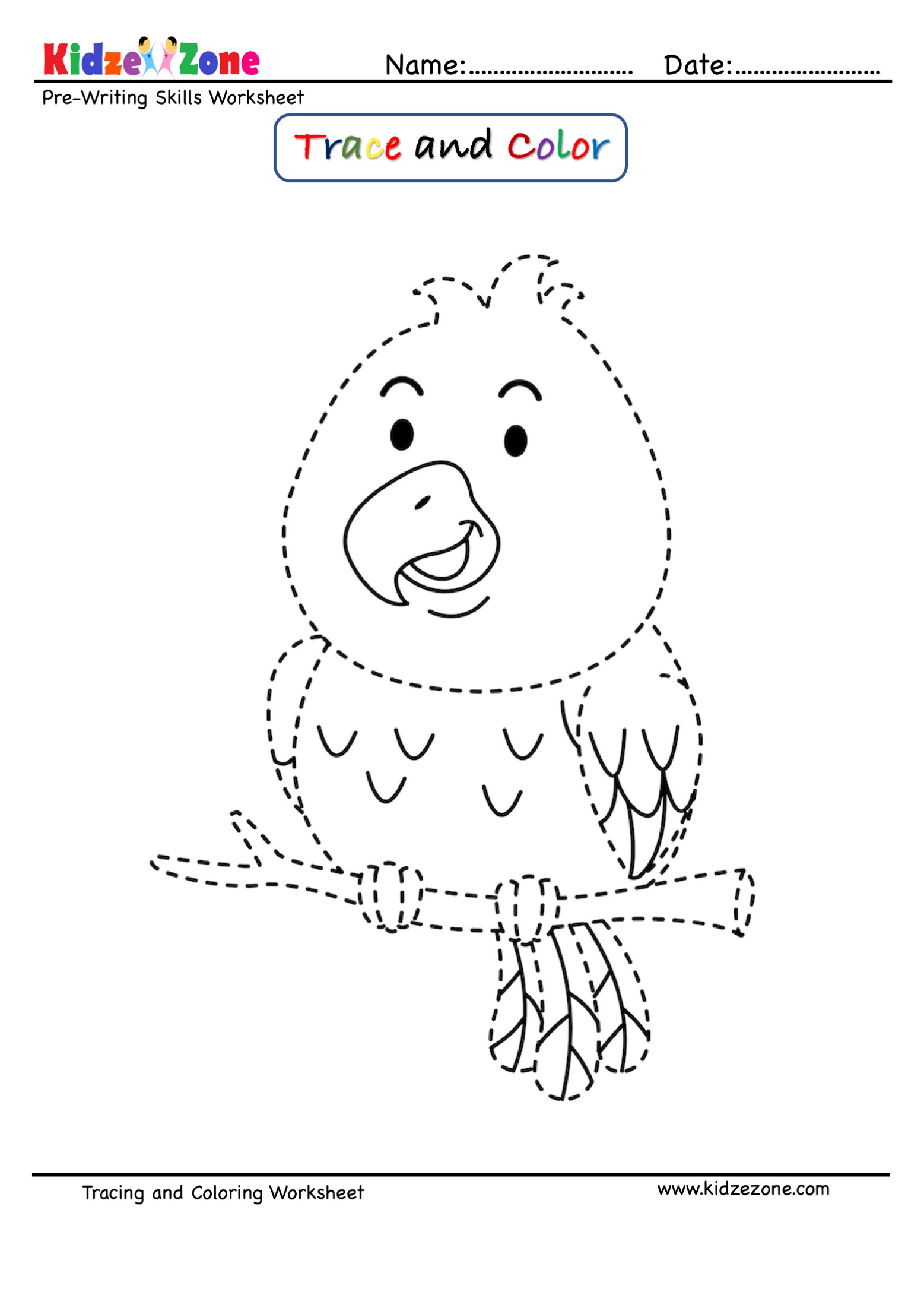 Parrot Cartoon Trace and Color Worksheet - KidzeZone