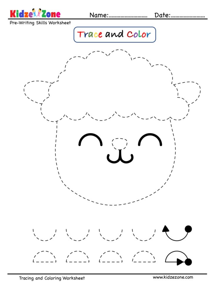 Pre-Writing Trace and Color Worksheet : Sheep Cartoon - KidzeZone