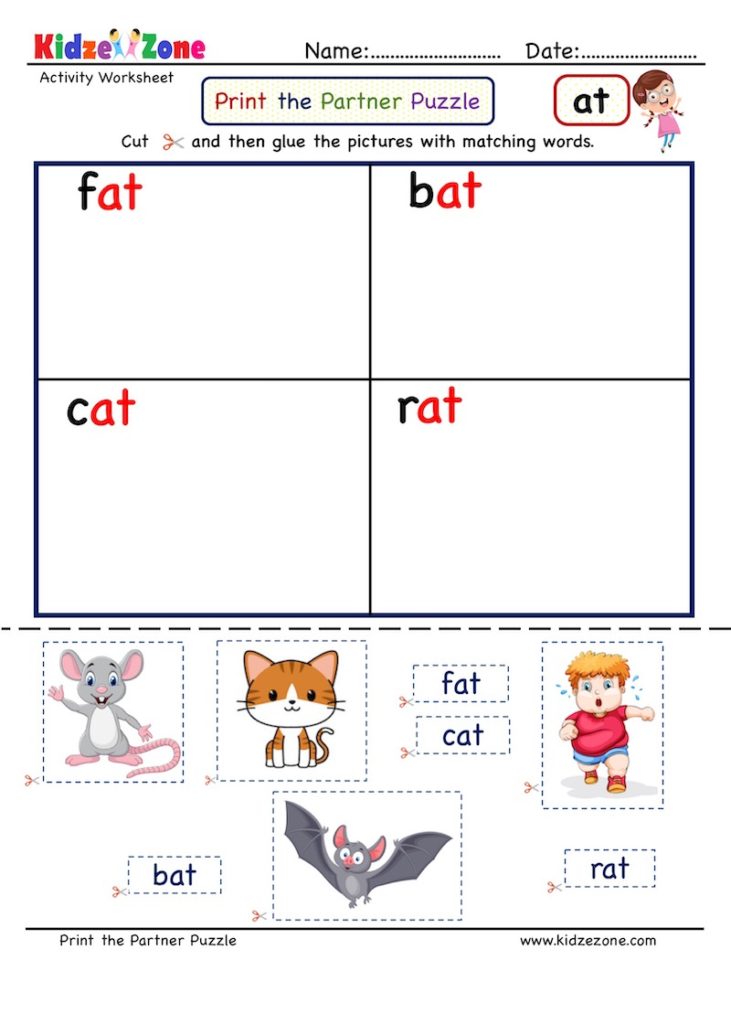 Cut and paste activity worksheet - Kindergarten at word family