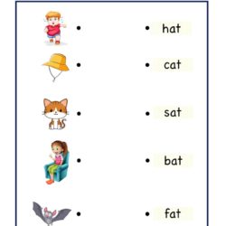 Kindergarten activity worksheet - at word family - match pictures to words
