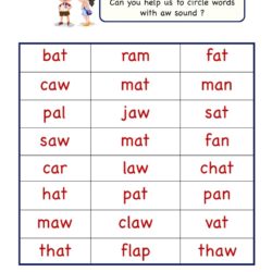 Kindergarten Aw word family find and circle worksheet