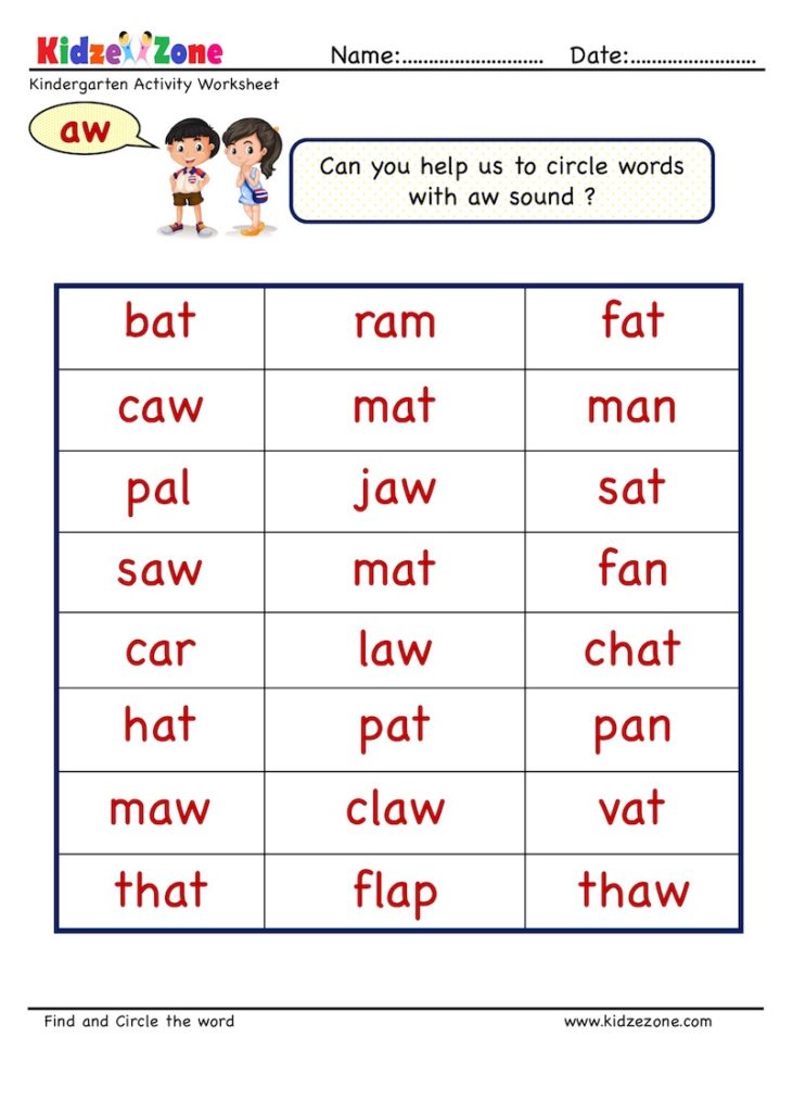 Aw word family find and color worksheet - find and match _aw words
