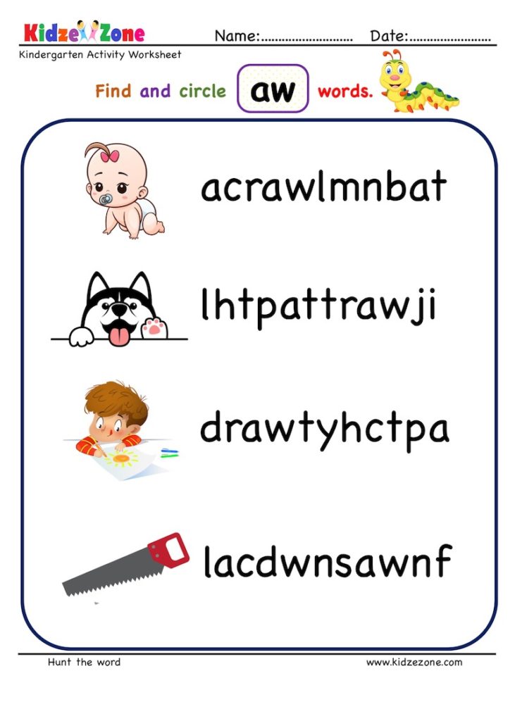 Aw word family find and color worksheet
