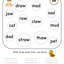 Kindergarten Aw word family find and color worksheet