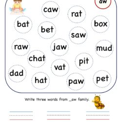 Kindergarten Activity Worksheet - Aw word family find and color worksheet