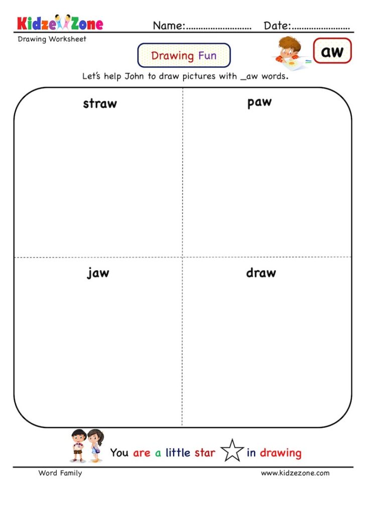 aw word family activity worksheet to draw picture with aw words.