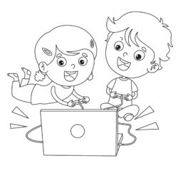 Just for Fun Coloring Sheet - Kids Playing Computer Game