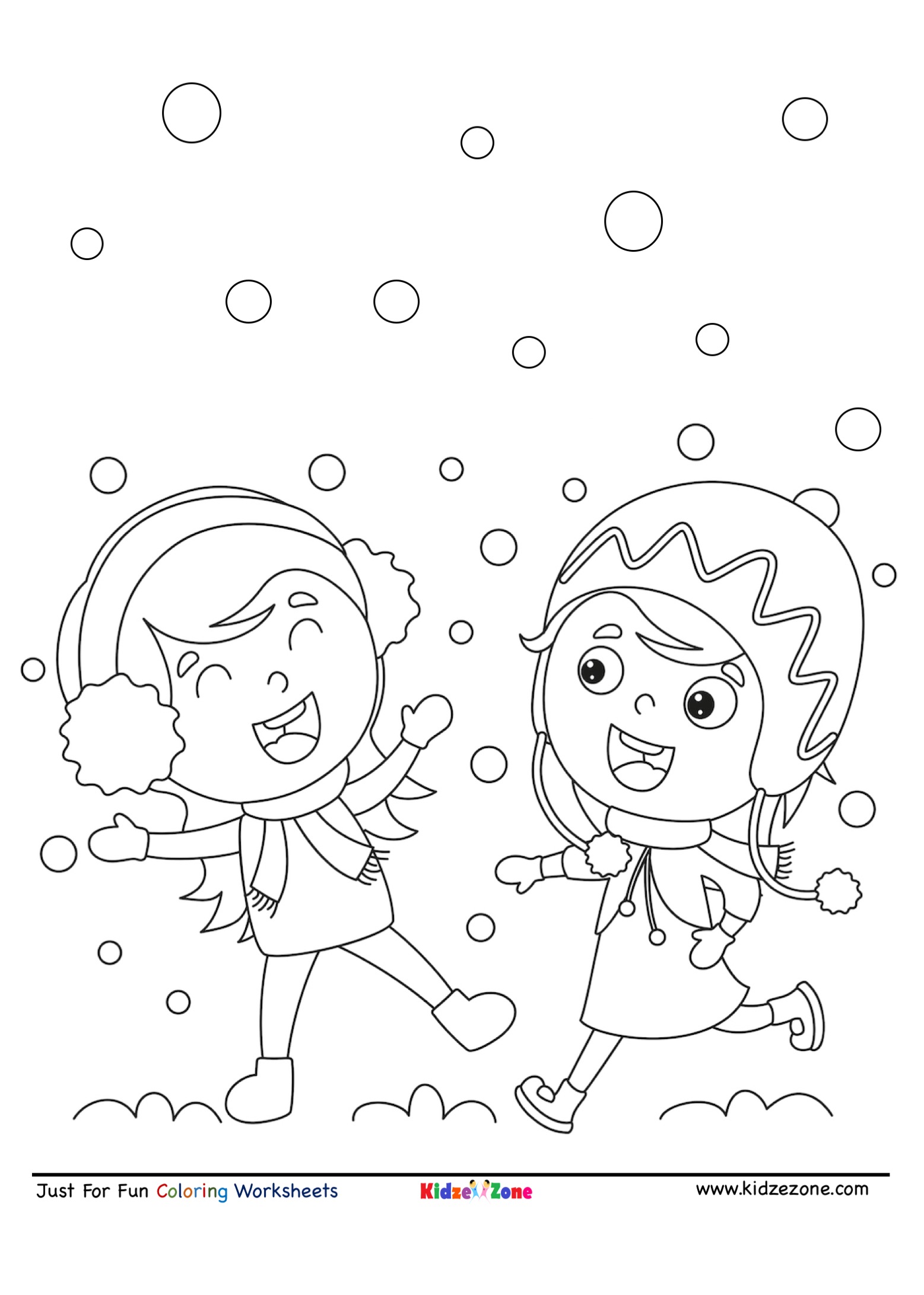Kids Playing in snow cartoon Coloring Page - KidzeZone
