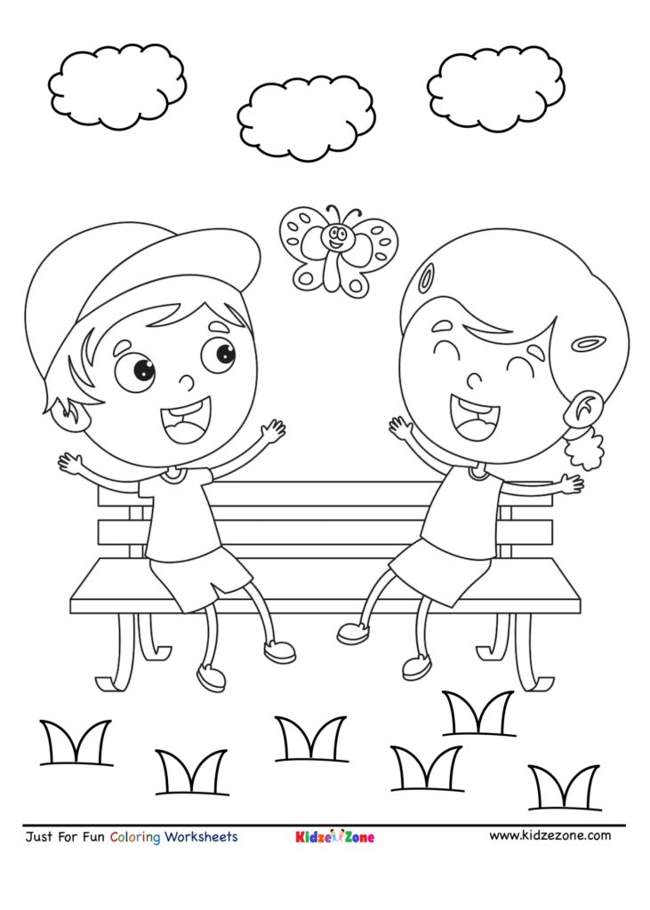 kids chatting in park cartoon coloring page kidzezone