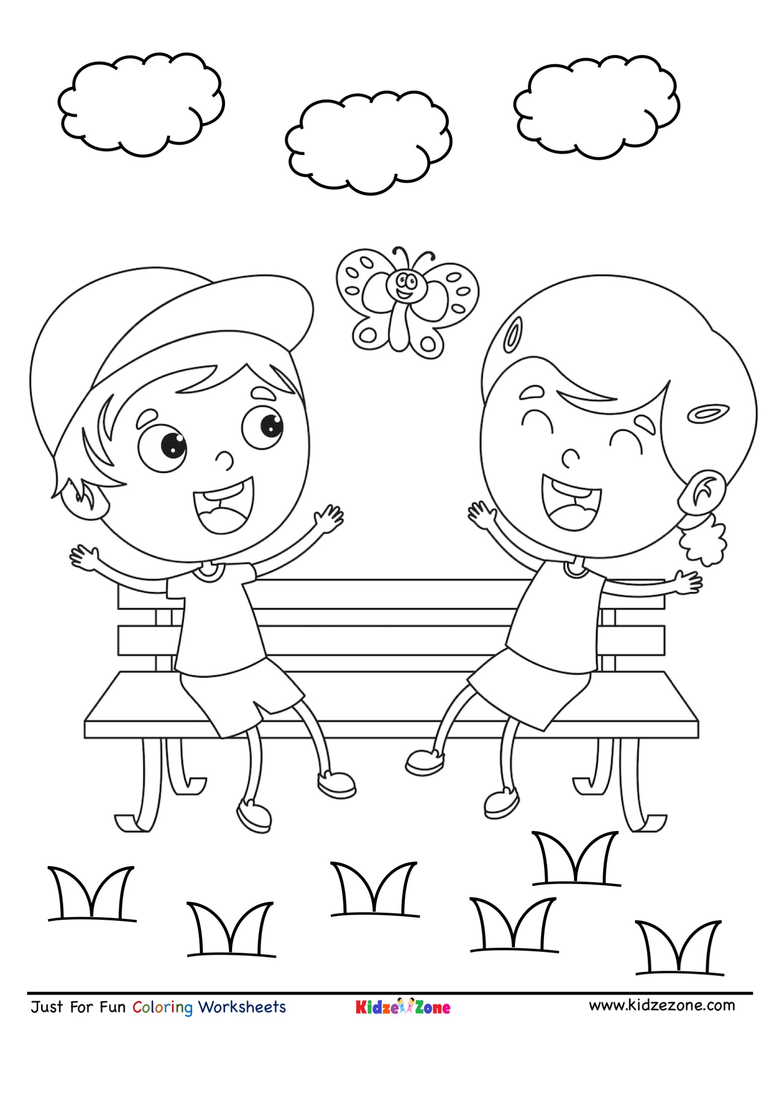 Kids chatting in Park Cartoon Coloring Page - KidzeZone