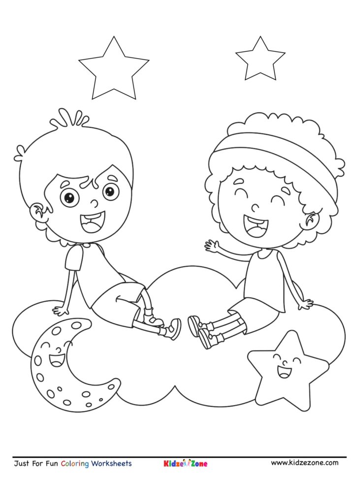 Kids Playing on Cloud cartoon Coloring Page