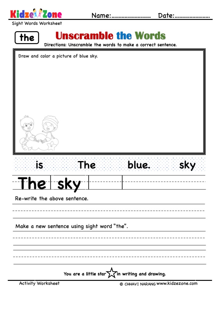 The Sight word worksheet, unscramble words to make a sentence