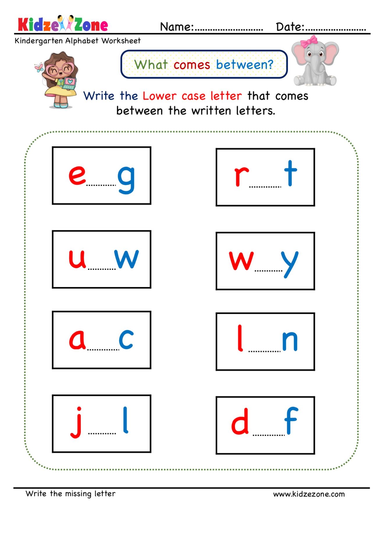 Kindergarten Missing Letter Worksheet - What Comes in Between