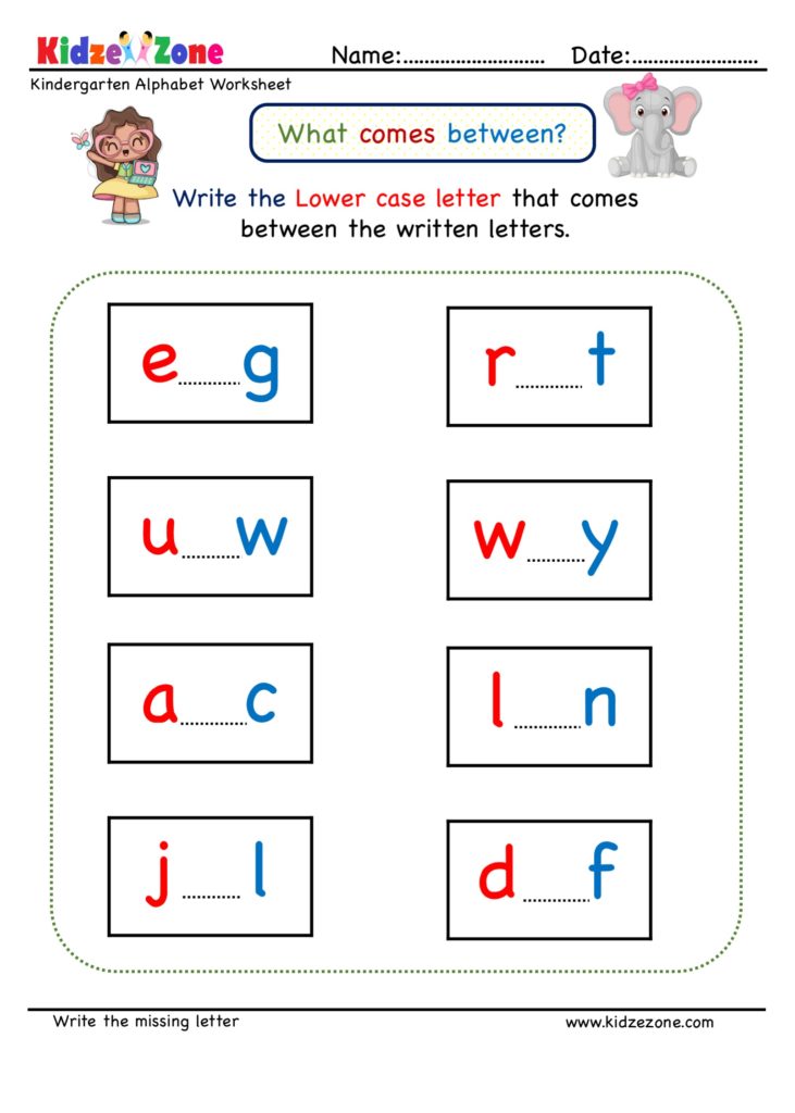 What comes in Between the letters. Missing Lower Case Letter worksheet