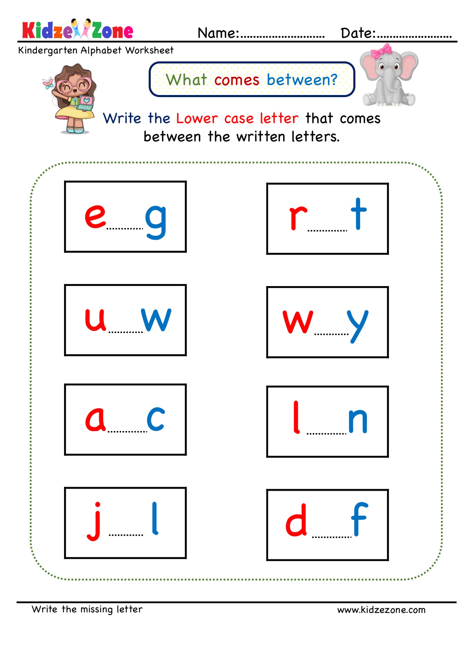 Kindergarten Missing Letter Worksheet What Comes In Between