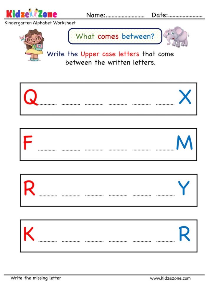 Kindergarten Write missing letter in between the written Letters