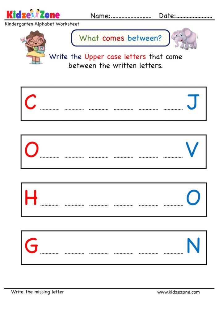 kindergarten worksheet to fill missing letter what comes between given letters