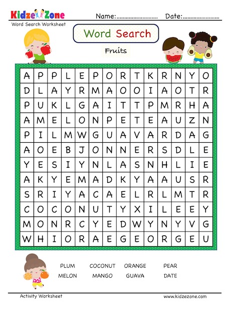 Solve Food Word search finding yummy fruits
