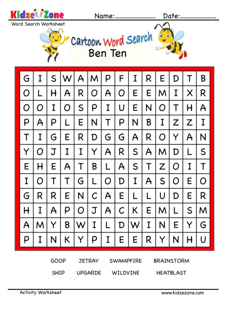 Cartoon Word Search Fun Worksheet - Ben Ten