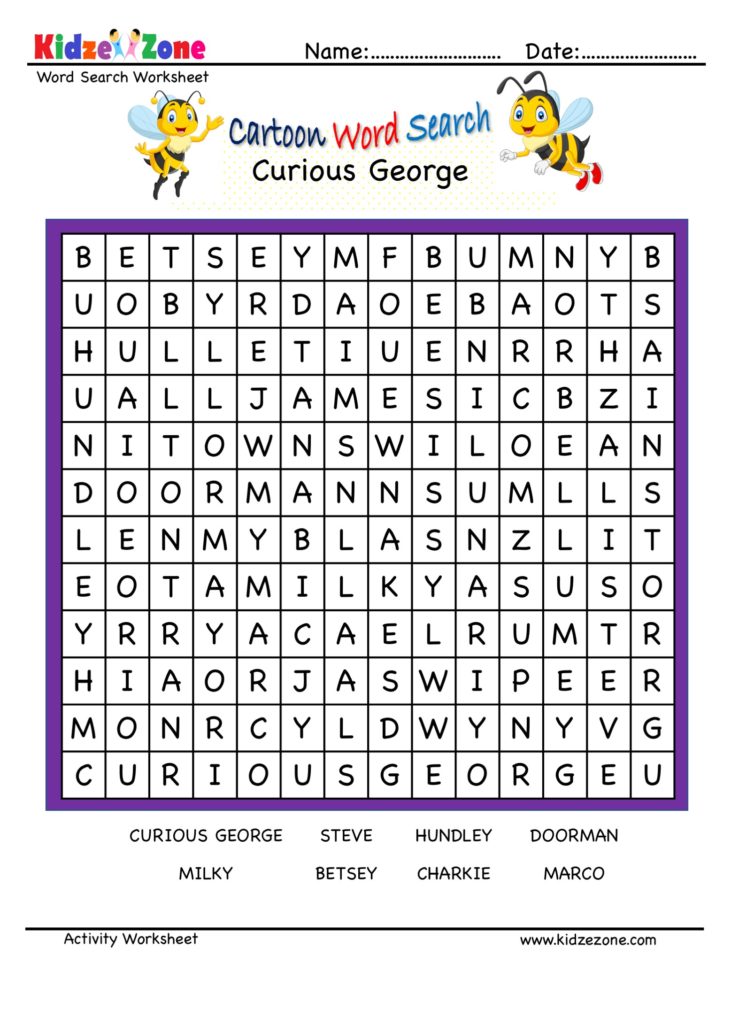 Cartoon Word Search Fun Worksheet - Curious George