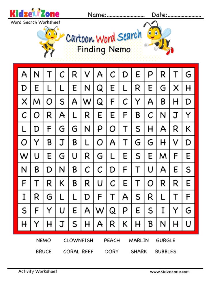 Cartoon Word Search Fun Worksheet - Finding Nemo