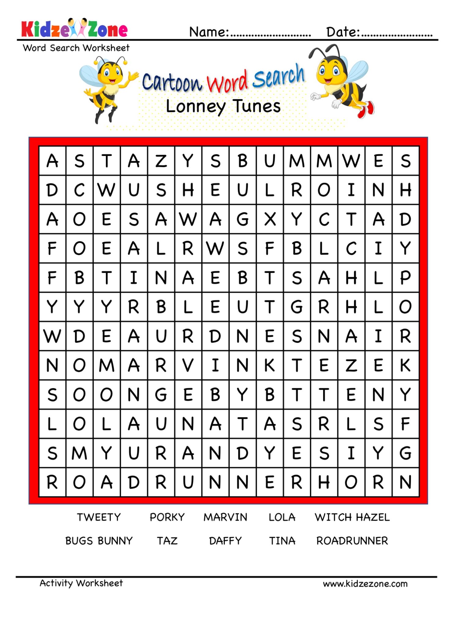 Lonney Tunes Word Search Puzzle - KidzeZone