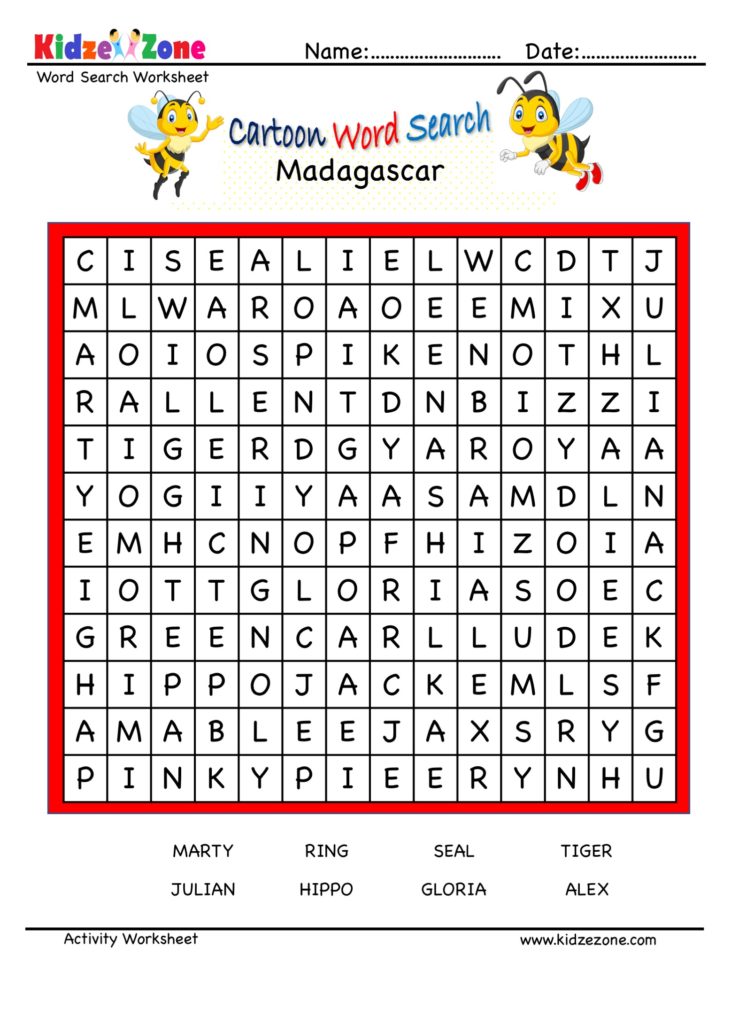 Cartoon Word Search Fun Worksheet - Madagascar
