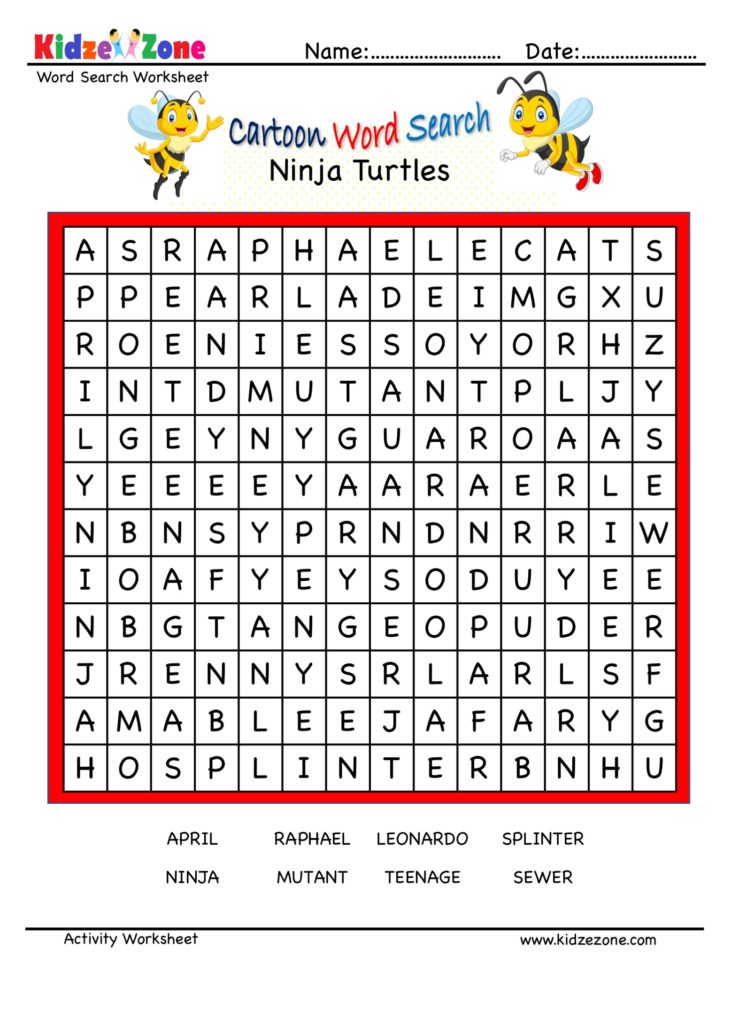 Cartoon Word Search Fun Worksheet - Ninja Turtles