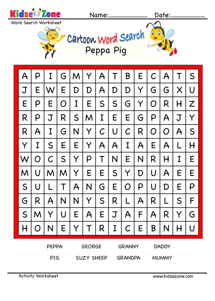 Cartoon Word Search Fun Worksheet - Peppa Pig