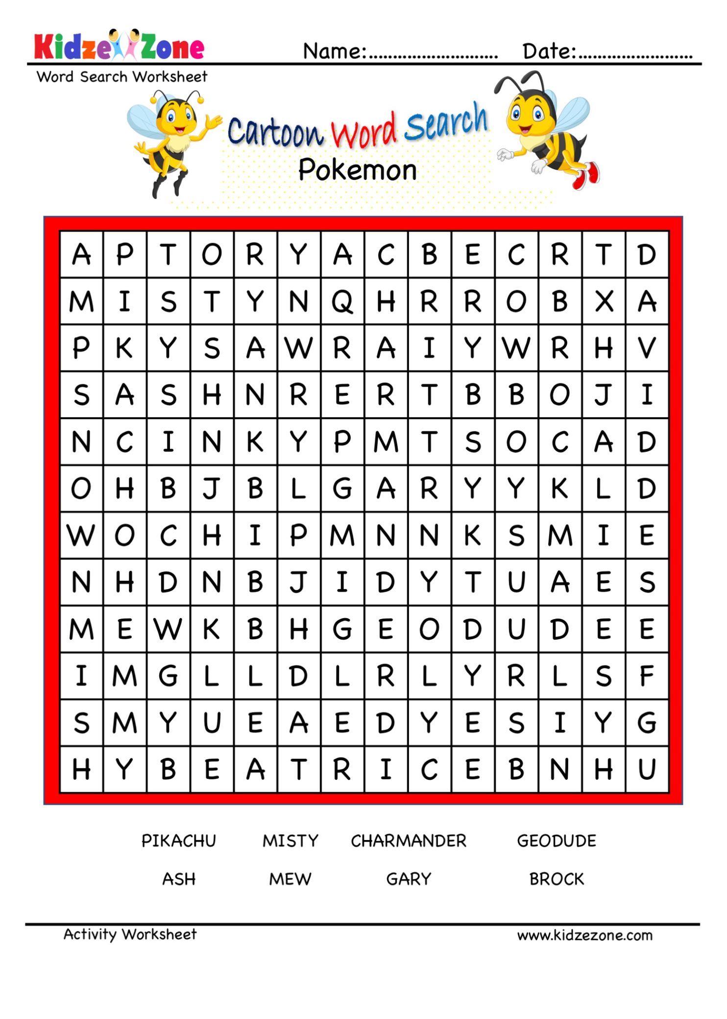Pokemon Character Word Search Puzzle KidzeZone