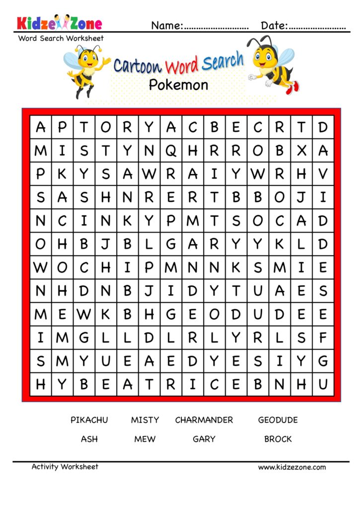 Cartoon Word Search Fun Worksheet - Pokemon