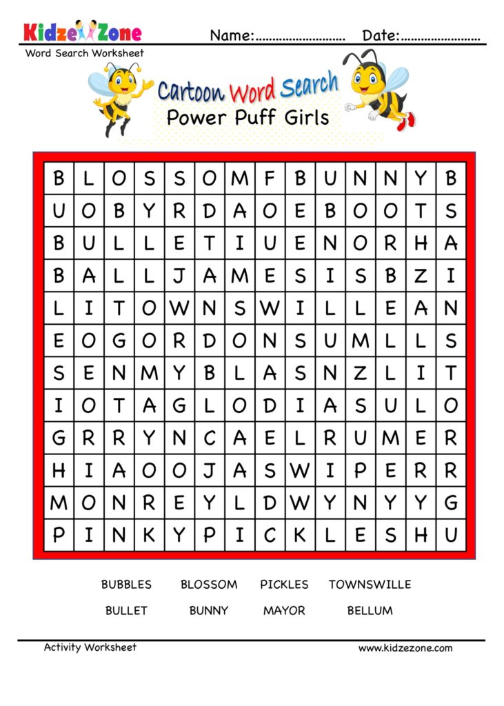 Cartoon Word Search Fun Worksheet - Power Puff Girls