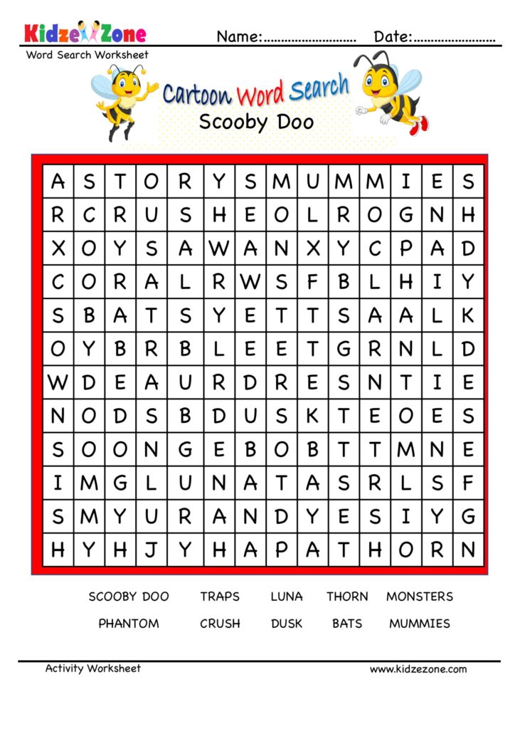 Cartoon Word Search Fun Worksheet - Scooby Doo